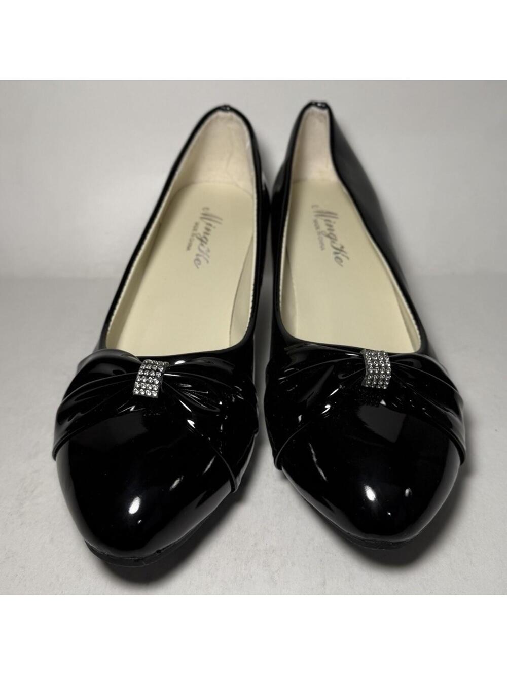MING KE Slip-On 2 inch Heels Almond Toe Pump Bow Black